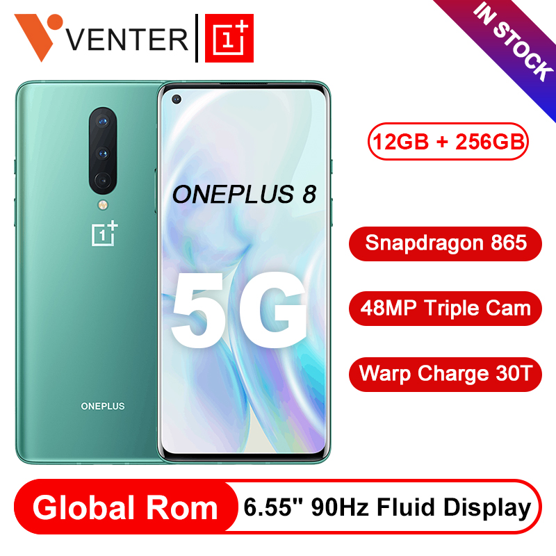 Global Rom OnePlus 8 5G Smartphone 12GB 256GB Snapdragon 865 Octa Core 6.55 90Hz Fluid Display 48MP Triple Cams 30T Fast Charge