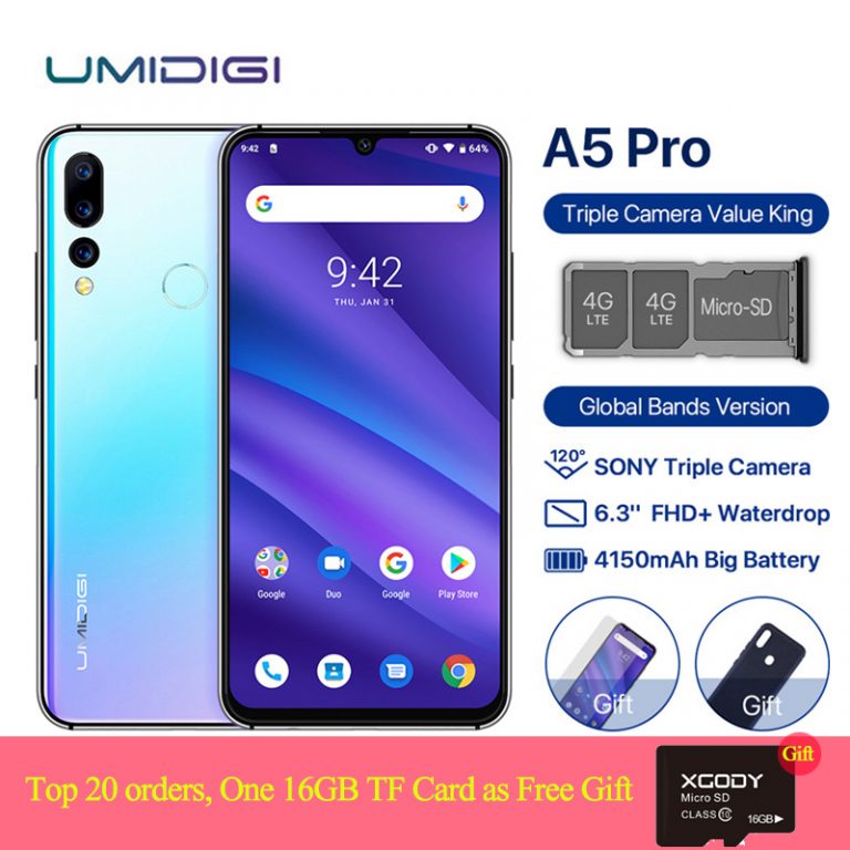 UMIDIGI A5 PRO Dual 4G Sim Smartphone Android 9.0 6.3" 19:9 Waterdrop Screen