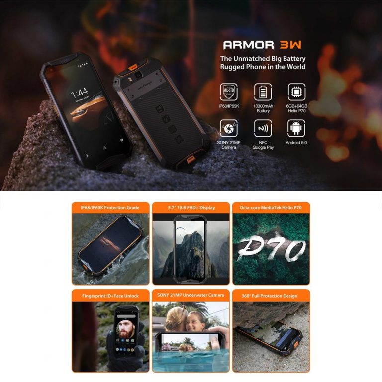Ulefone armor 3W IP68 Waterproof Android 9.0 Mobile Phones 5.7" Helio