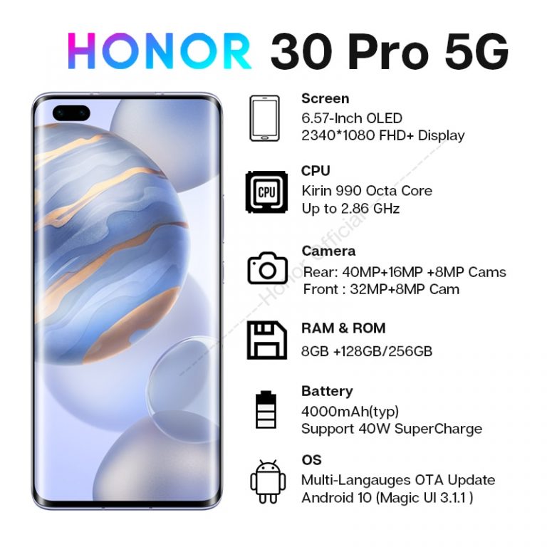 New Arrival Honor 30 Pro 5G Smartphone Kirin 990 6.57'' 40MP Triple Cam 50x