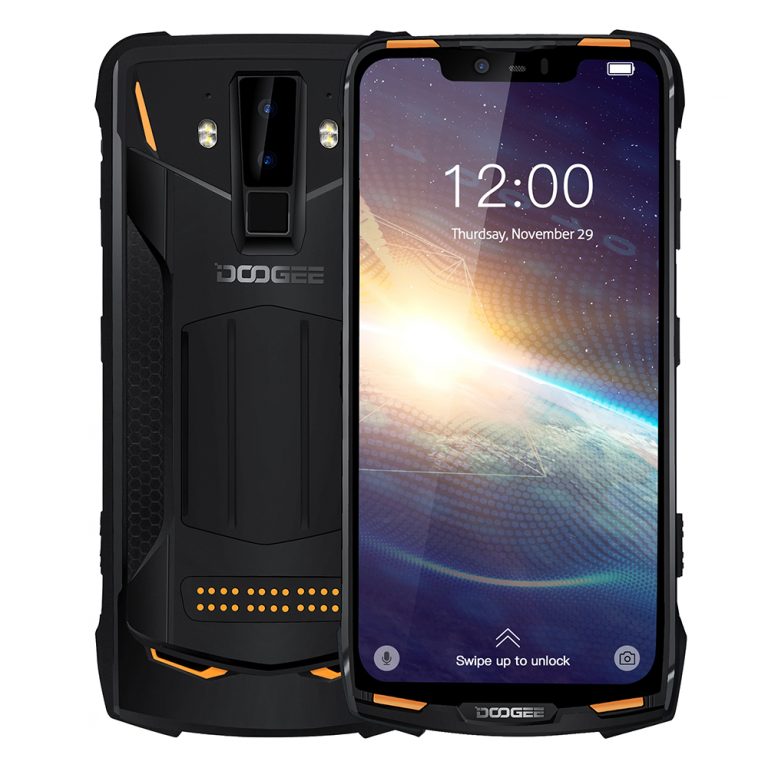 DOOGEE S90 Pro rugged mobile phone in military green showing 6.18″ FHD+ display, reinforced corners, and dual rear cameras.