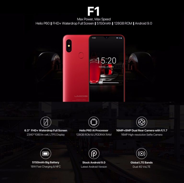 UMIDIGI F1 Android 9.0 128GB ROM 4GB RAM 6.3" FHD+ Helio P60 5150mAh