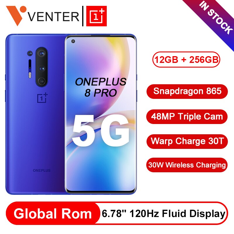 Global Rom Oneplus 8 Pro 5G Smartphone Snapdragon 865 12GB 256GB 6.87'' 120Hz Fluid Screen 48MP Quad Cams 30W Wireless Charging