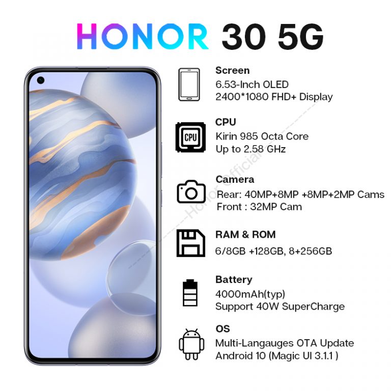 New Arrival Honor 30 5G Smartphone Kirin 985 6.53'' 40MP Quad Rear Cam 50x