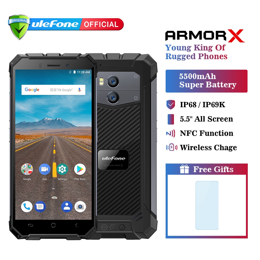 Ulefone Armor X IP68 Waterproof Mobile Phone Android 8.1 5.5" HD Quad Core 2GB+16GB NFC Face ID Wireless Charge Smartphone