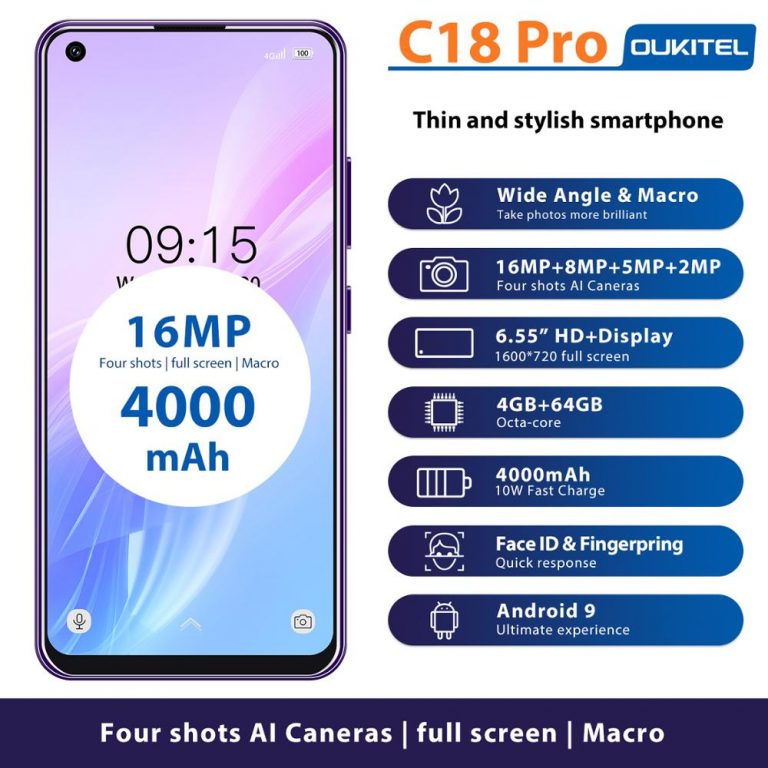 OUKITEL C18 Pro 4G RAM 64G ROM 4G LTE Smartphone 6.55"HD Android 9.0 MTK6757 Octa Core 16MP 4 Cameras 4000mAh 5V2A Mobile Phone 2 OUKITEL C18 Pro 4G RAM 64G ROM 4G LTE Smartphone 6.55"HD Android