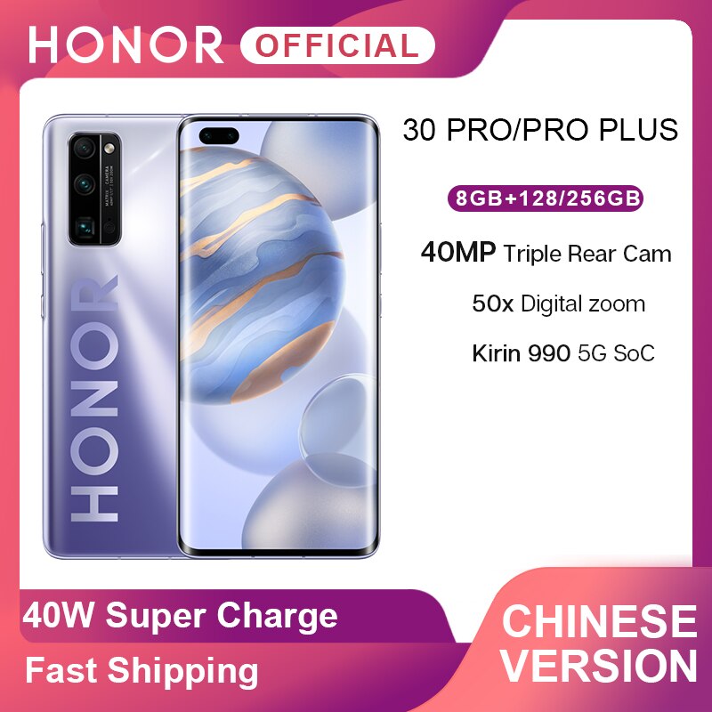 New Arrival Honor 30 Pro 30 Pro Plus 5G Smartphone Kirin 990 6.57'' 40MP Triple Cam IP54 Waterproof Wi-fi 6+ 40W SuperCharge
