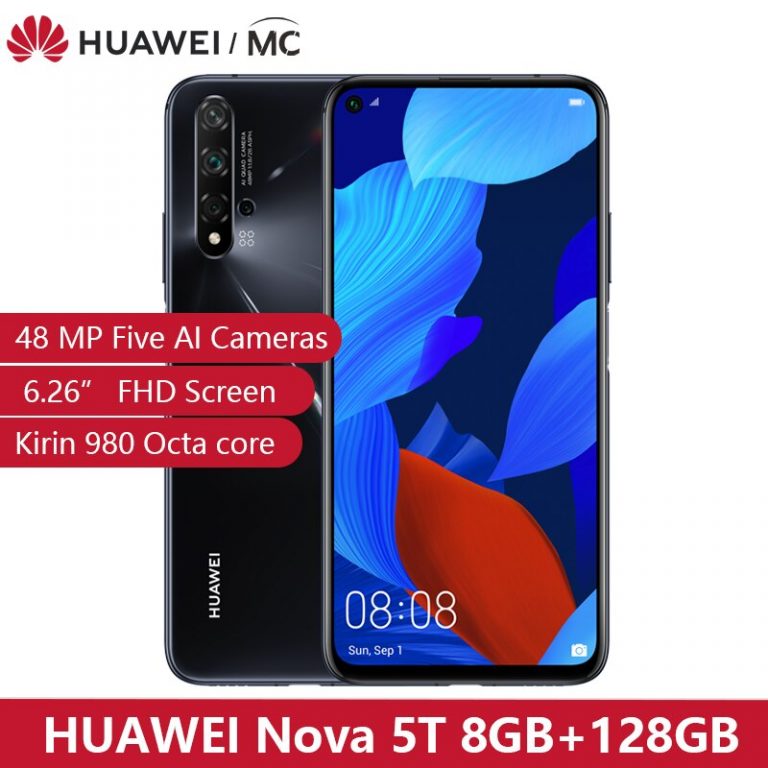 Global Version HUAWEI Nova 5T Kirin980 Octa Core Smartphone 48MP Cameras 32MP Front Camera Cellphone 6.26'' 8G 128G Android 9