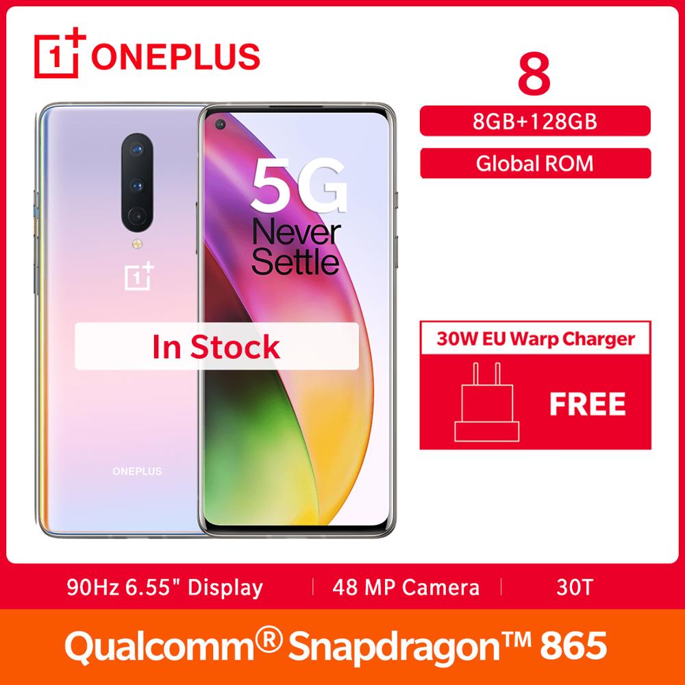 In Stock OnePlus 8 5G Smartphone Global Rom Snapdragon 865 Octa Core 6.55" Fulid AMOLED Display 48MP Triple Cam 30W UFS 3.0 NFC