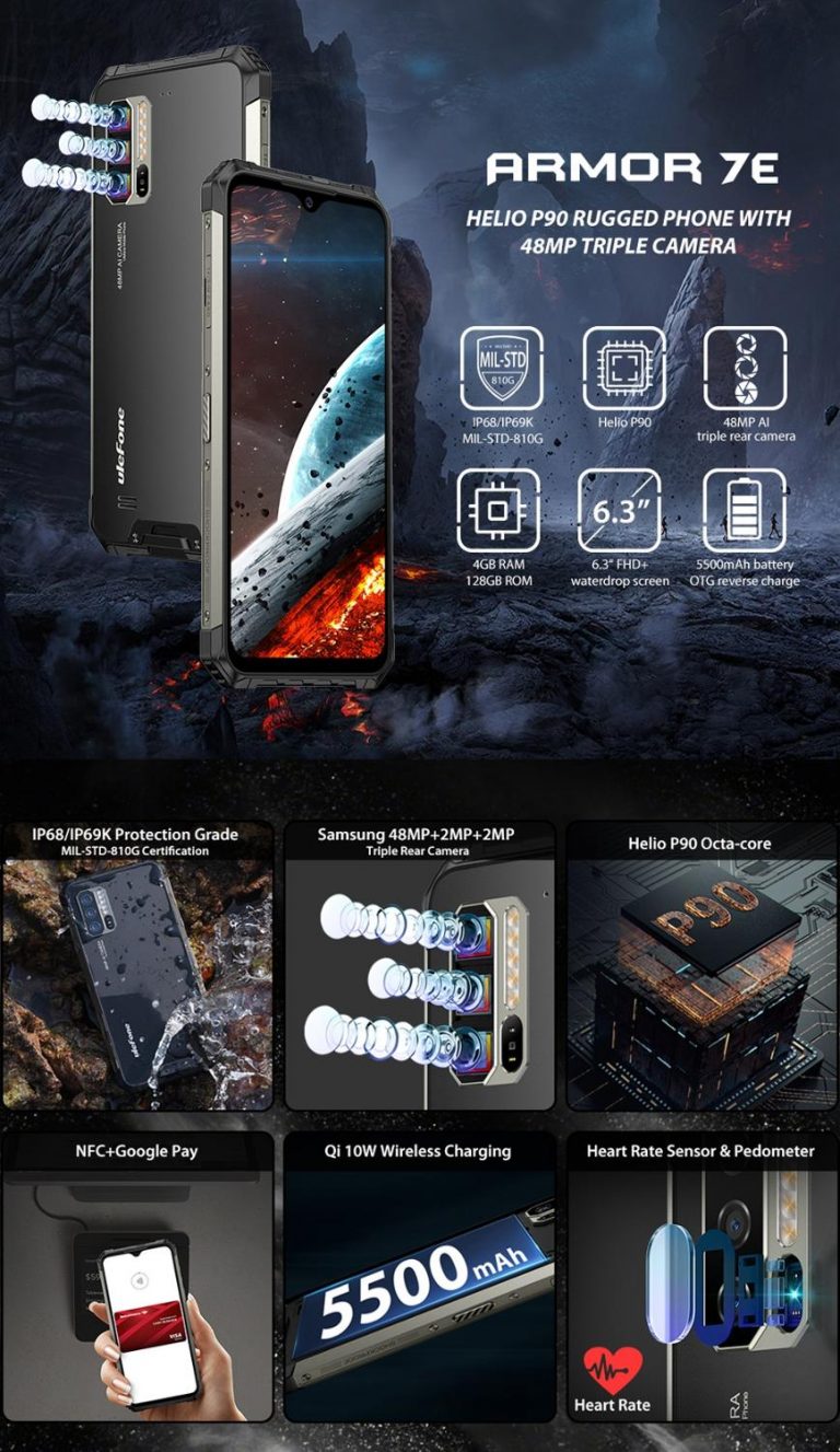 Ulefone Armor 7E IP68 Rugged Mobile Phone Helio P90 Octa Core 4GB+128GB