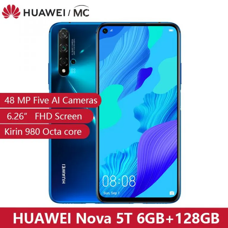 Global Version HUAWEI Nova 5T Kirin980 Octa Core Smartphone 48MP Cameras 32MP Front Camera Cellphone 6.26'' 6G/8G128G Android 9