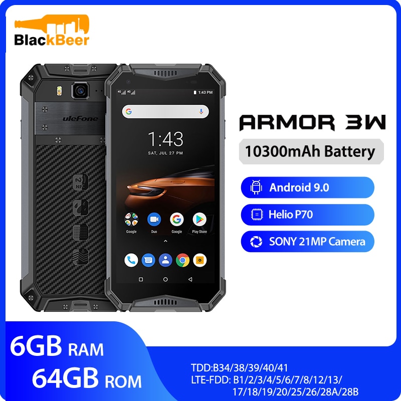 Ulefone armor 3W Waterproof Rugged Mobile Phones 2.4G/5G WiFi Android 9.0 Helio P70 6G+64G NFC Global Version 4G-LTE Smartphone