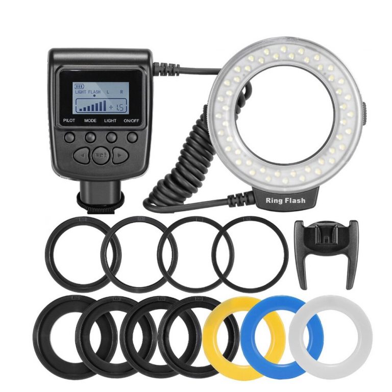 RF-550D 48pcs Macro LED Ring Flash Bundle with 8 Adapter Ring for Canon Nikon Pentax Olympus Panasonic DSLR Camera Flash V HD130