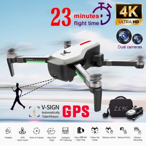SG906 foldable GPS drone with 4K camera, featuring brushless motors, gesture photography, and up to 23 minutes of flight time