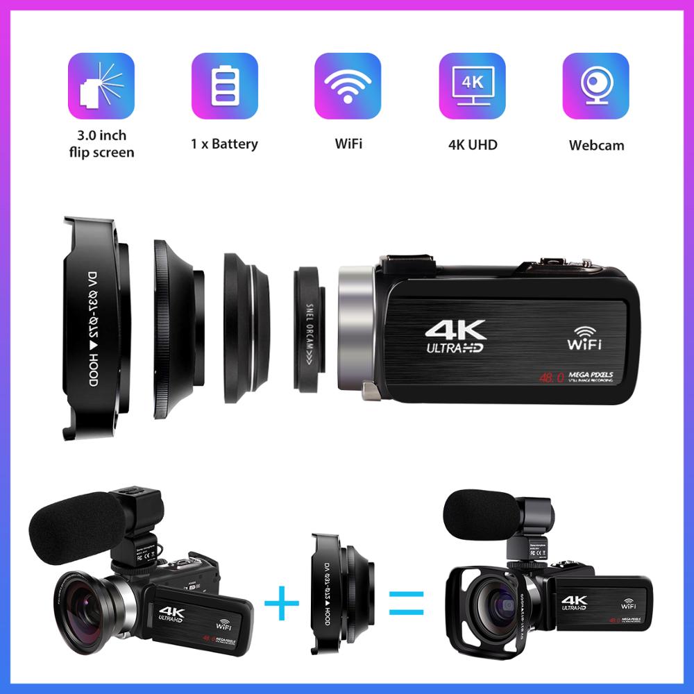 Video Camera 4K 48MP Touch Screen WiFi Live Streaming For Youbute Built-in Fill Light 16X Video Digital Camcorder With Hood