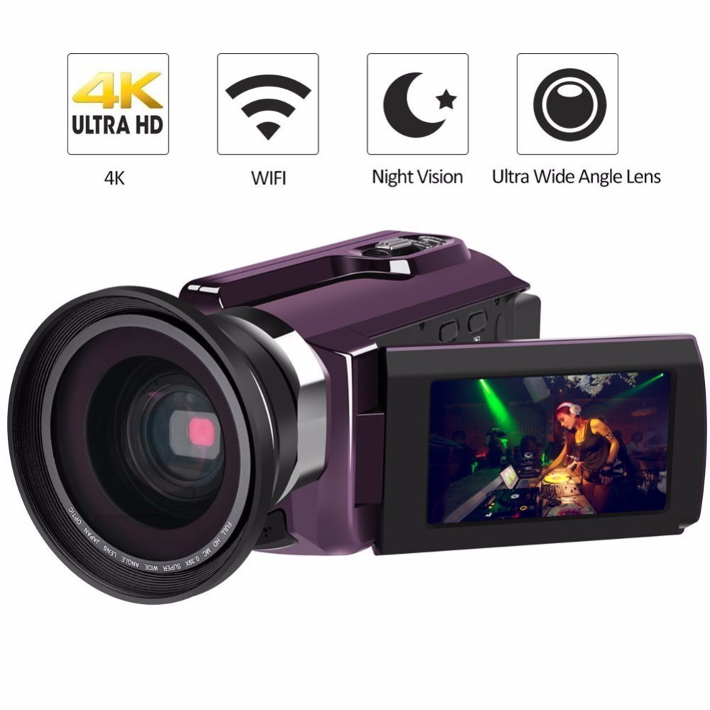 4K Camcorder Video Camera Ultra HD 60 FPS Digital Video Recorder Wifi Night Vision LCD Touchscreen External With Wide Angle Lens