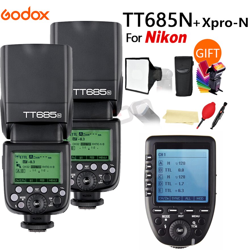 2X Godox TT685N 2.4G Wireless HSS 1/8000s i-TTL Speedlite Flash for Nikon DSLR Cameras + XPRO-N + 15*17cm softbox+ Color filter