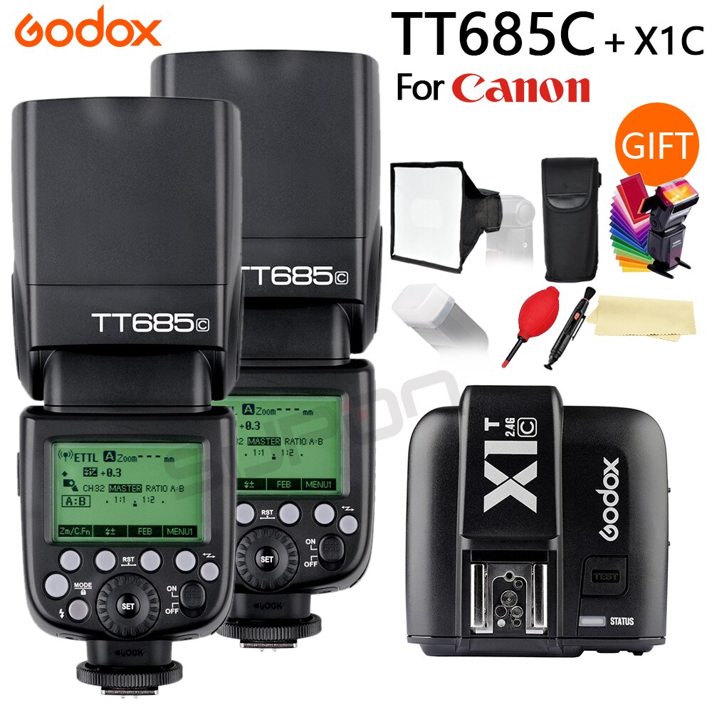 2x Godox TT685 TT685C 2.4G Wireless TTL High-speed sync 1/8000s GN60 Flash Speedlite + X1T-C Transmitter for Canon DSLR Camera