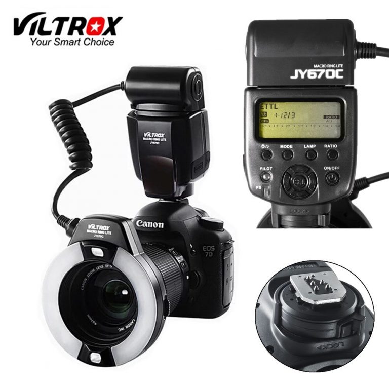 Macro Ring Flash: Professional LED Lighting for Canon Cameras 📸✨ A professional Viltrox JY-670C Macro Ring Flash mounted on a Canon DSLR camera, with an illuminated ring and LCD display in a studio setting.