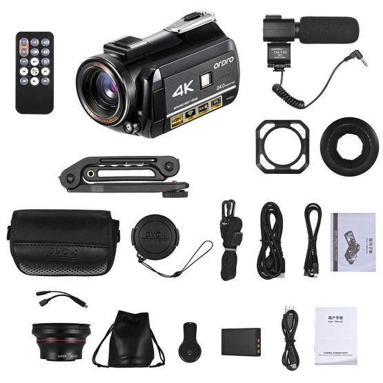 ORDRO AC3 4K WiFi Digital Video Camera Camcorder 24MP 3.1 Inch IPS 0.39X Wide Angle Len+Microphone+Len Hood + Camera Holder
