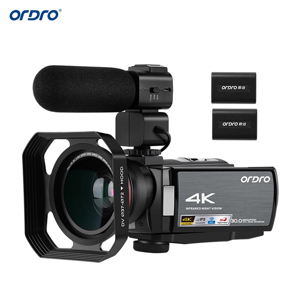 ORDRO HDV-AE8 4K 30MP 16X WiFi Digital Video Camera 3Inch IPS Touchscreen Camcorder 0.39X Wide Angle Lens External Mic+Len Hood