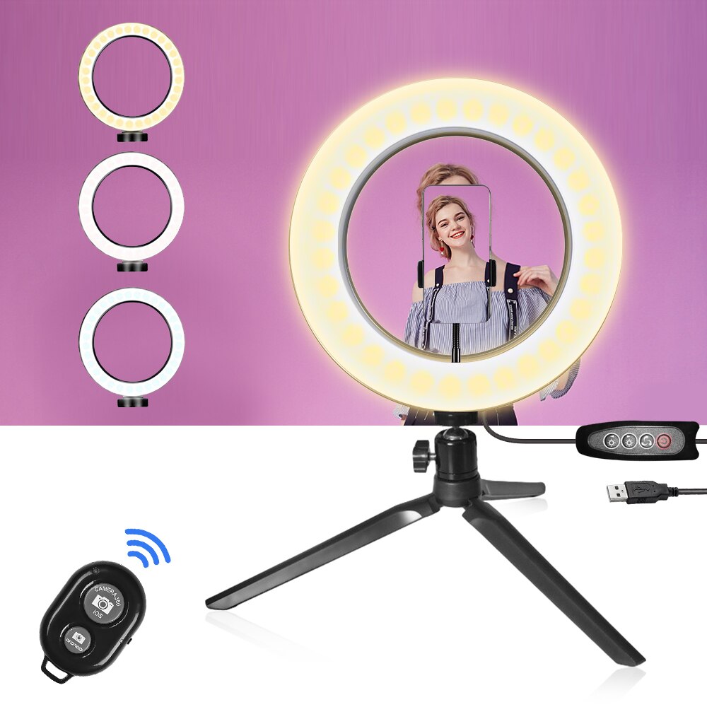 26CM Photography Lighting Phone Ringlight Tripod Stand Photo Led Selfie Ring Light Lamp Bluetooth remote For TikTok Youtube Live