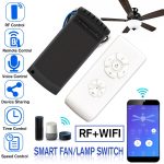 Universal smart ceiling fan controller showcasing compact design, remote, and app control compatibility
