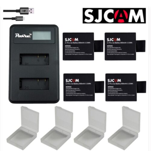 4x SJ4000 battery pack with LCD dual charger, storage case, and USB cable, ideal for SJCAM action cameras