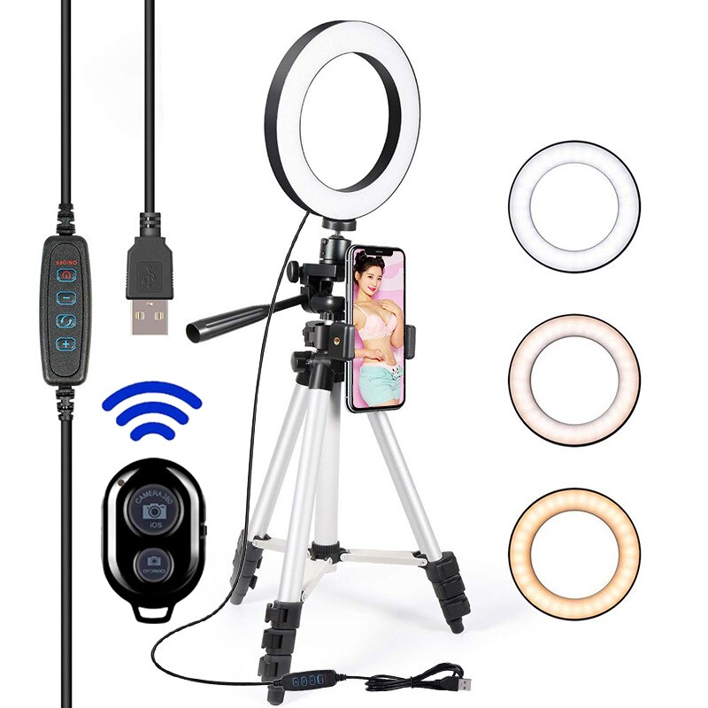 Led Selfie Ring 16CM Light Phone Tripod Holder Bluetooth Remote Lamp Photo Ringlight Photography Lighting TikTok Youtube Live