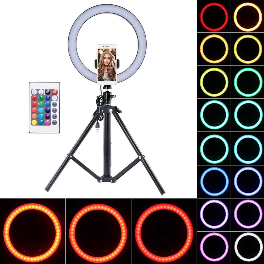 10" Selfie Ring Light with Remote Control 16-Color Camera Ring Light with Phone Holder and Tripod for Live Stream TikTok