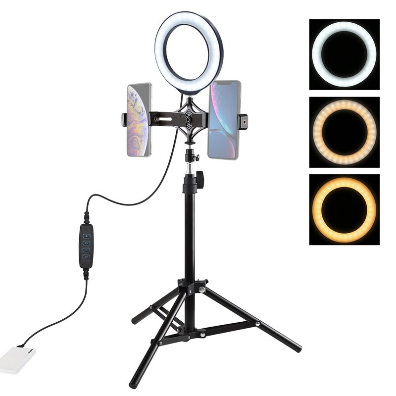LED Selfie Ring Light Dimmable 6.2" LED Ring Lamp with 70cm Tripod Light Stand Dual Phone Clip for TikTok Youtube Live Streaming