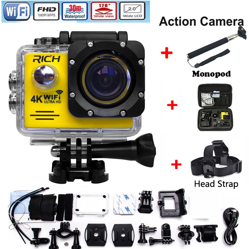 HD Action Camera wifi for rich Extreme Sports camera Video 1080P 30m Waterproof sports camrea Extra head strap+bag+Monopod