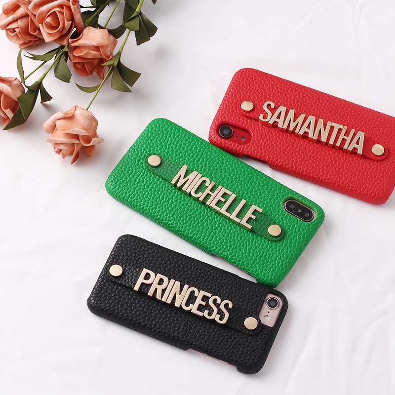 Holding Strap Metal Personalization Your Name Pebble Grain Leather Phone Case For iPhone 11 Pro 6S XS Max XR 7 7Plus 8 8Plus X