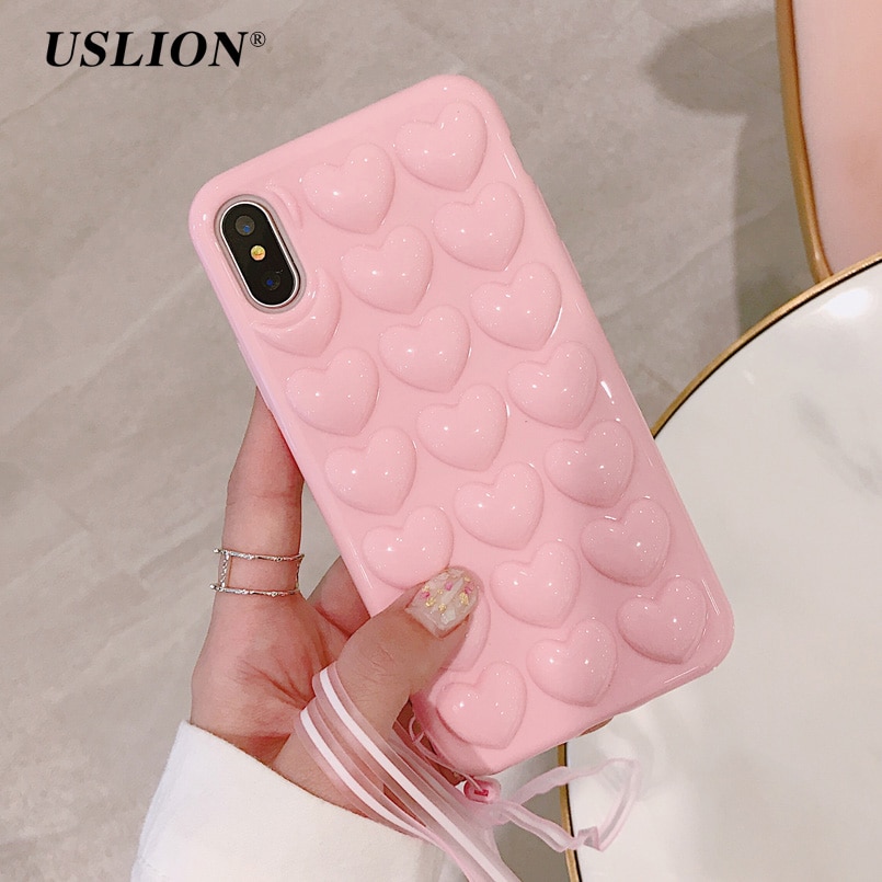 USLION 3D Love Heart Phone Case For iPhone 11 Pro X XS Max XR Cartoon Cases For iPhone 7 8 6 6S Plus Soft TPU Cover With Lanyard