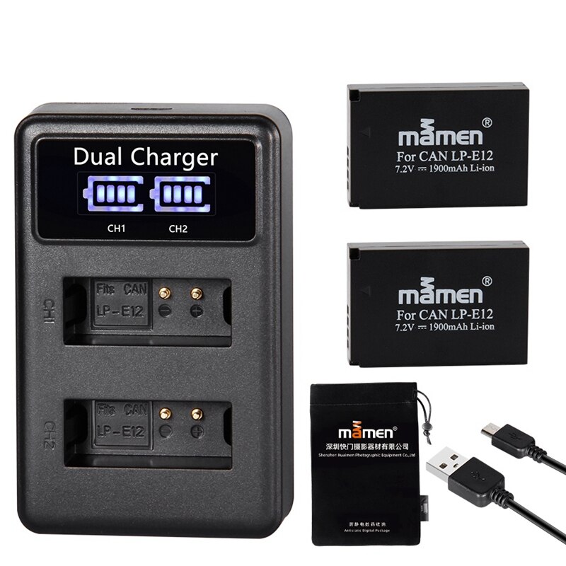 Mamen 1900MAh Rechargeable LP-E12 LPE12 LP E12 Digital Camera Battery + LCD USB Charger for Canon 100D Kiss X7 Rebel SL1 M10 M50