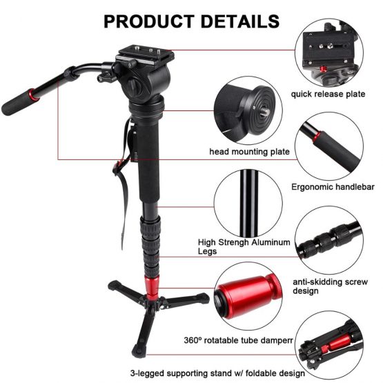 Professional Monopod Video tripod for camera with Tripods Head - Image 4