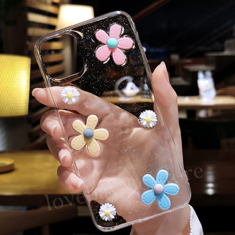 Lovebay 3D Flowers Glitter Phone Case For iPhone 11 Pro SE 2020 7 8 6 6s Plus X XR XS Max Transparent Bling Soft TPU Back Cover 2 3D Flowers Glitter Phone Case For iPhone 11 Pro