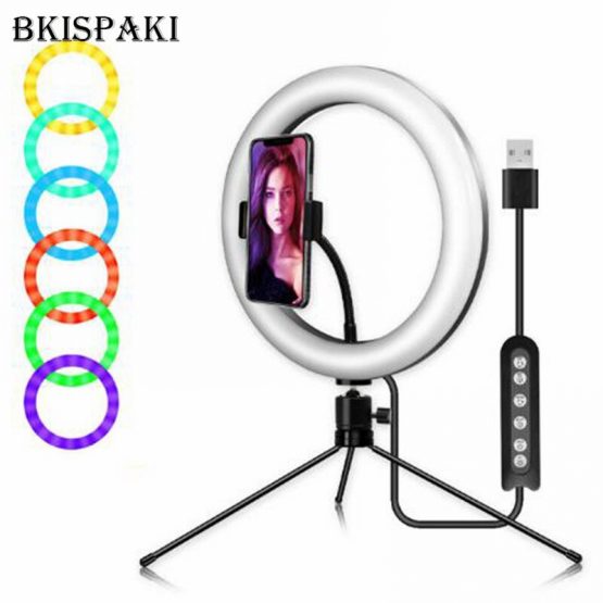 10 inch 26cm RGB LED Selfie Ring Light Video Vlogging Tripod Stand Live Tiktok Broadcast Kits Phone Clamp Dimmable Makeup Lamp