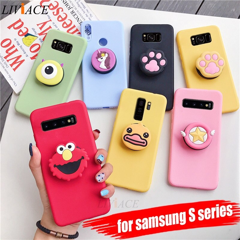 3D silicone cartoon phone holder case for samsung galaxy s10 5g s10e s9 s8 plus s7 s6 edge cute stand soft back cover coque