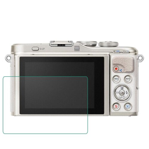 Tempered glass screen protector for Olympus PEN cameras, offering 9H hardness and anti-fingerprint protection for LCD screens
