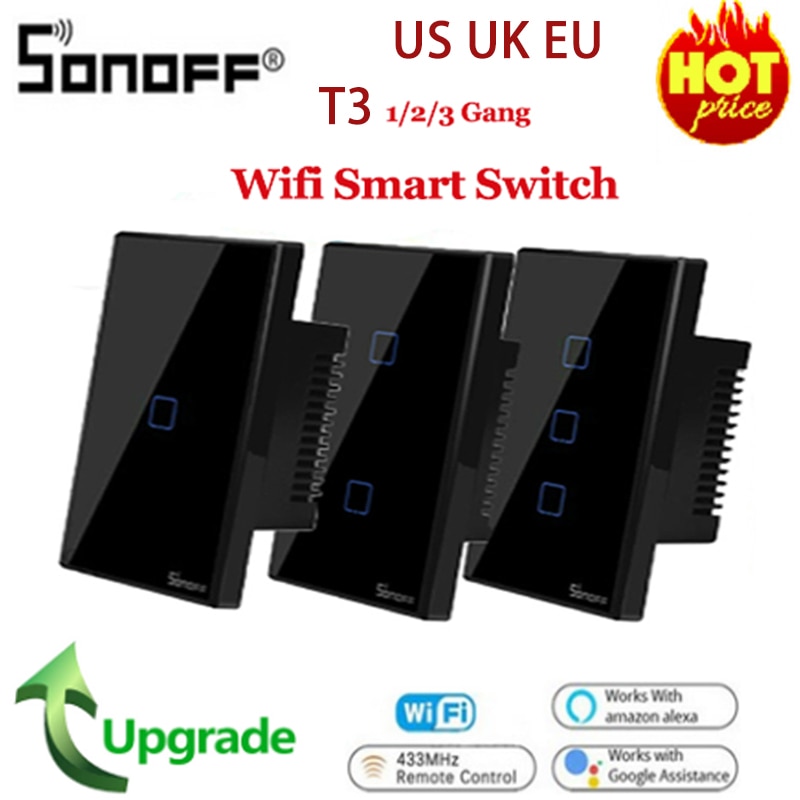 Sonoff New T3US EU UK 1/2/3 Gang TX 433Mhz RF Remoted Controlled Wifi Switch With Border Works With Alexa Google Home Smart Home