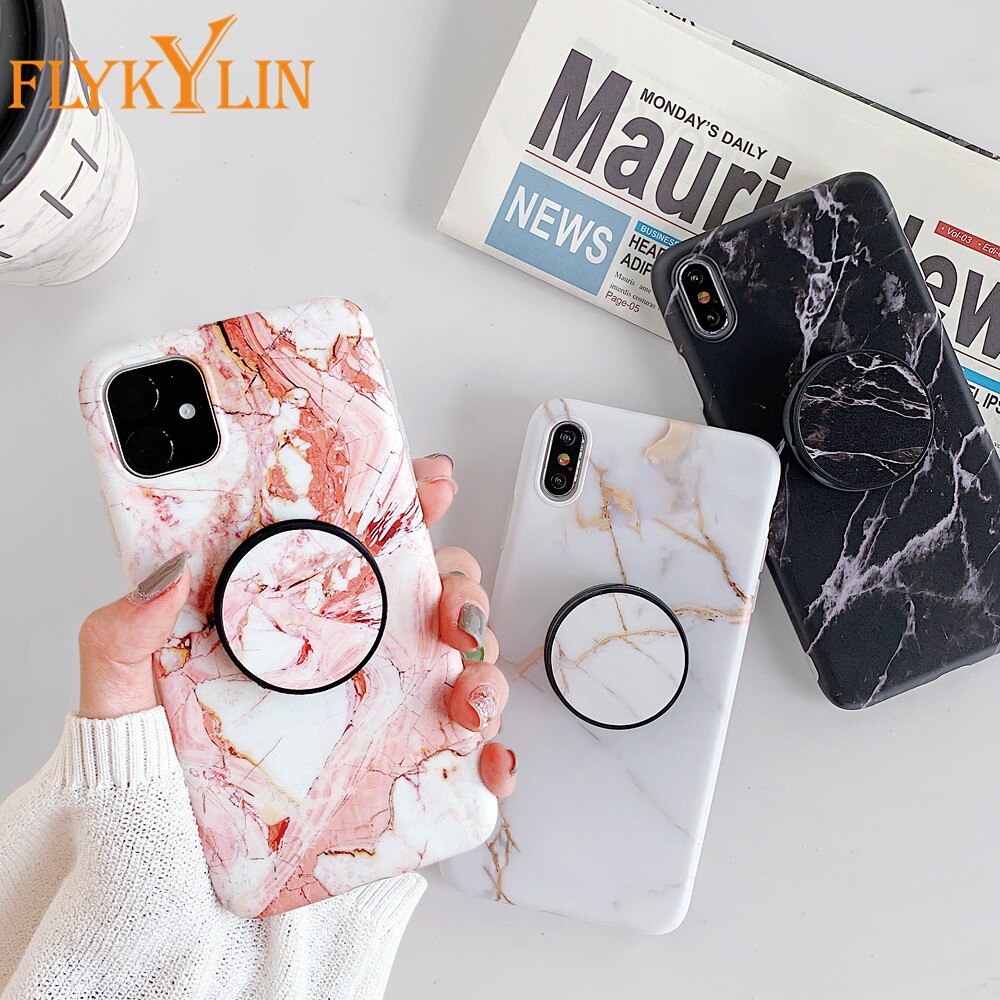 FLYKYLIN Holder Stand Marble Case For iPhone 11 Pro Max SE 2 Back Cover For Huawei P30 Pro P20 Lite Skin IMD Silicon Phone Coque