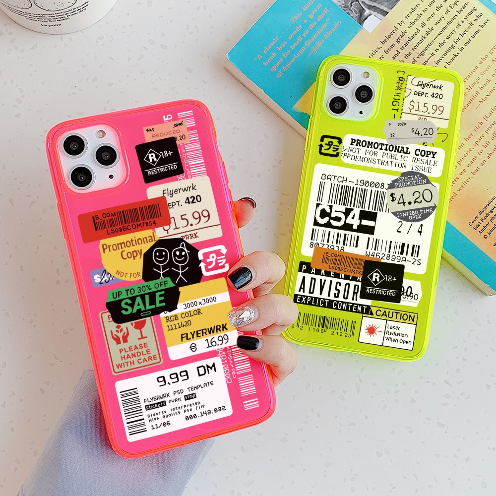 Fluorescent stamp label barcode Phone Case For iPhone 11 Pro MAX SE 2 X XR XS MAX 8 7 plus Cover fashion Transparent soft cases