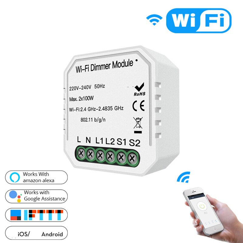 2 Gang DIY WiFi Smart 2 Way Light LED Dimmer Module Switch Smart Life/Tuya APP Remote Control Work with Alexa for Google Home