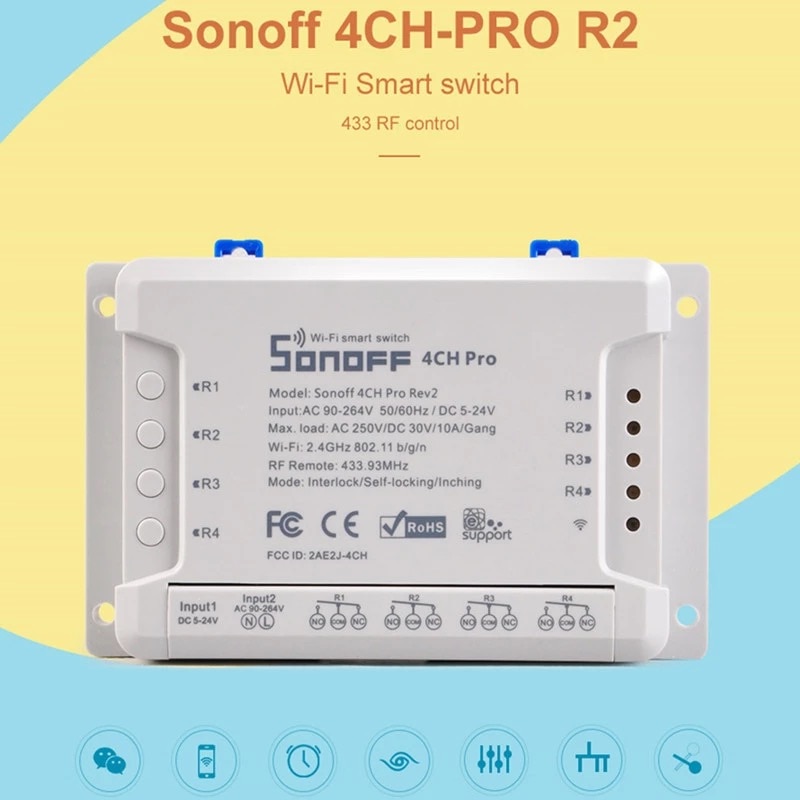 Sonoff 4CH Pro R2 Smart Wifi Switch 433MHz RF Wifi Light Switch 4 Gang 3 Working Modes Inching Interlock Smart Home With Alexa