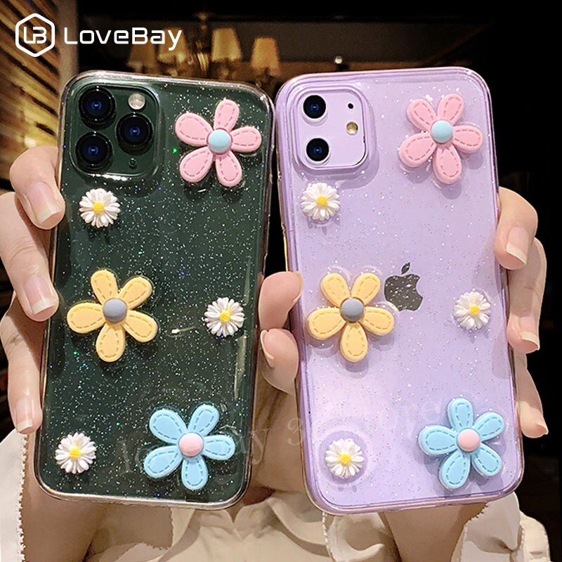 Lovebay 3D Flowers Glitter Phone Case For iPhone 11 Pro SE 2020 7 8 6 6s Plus X XR XS Max Transparent Bling Soft TPU Back Cover