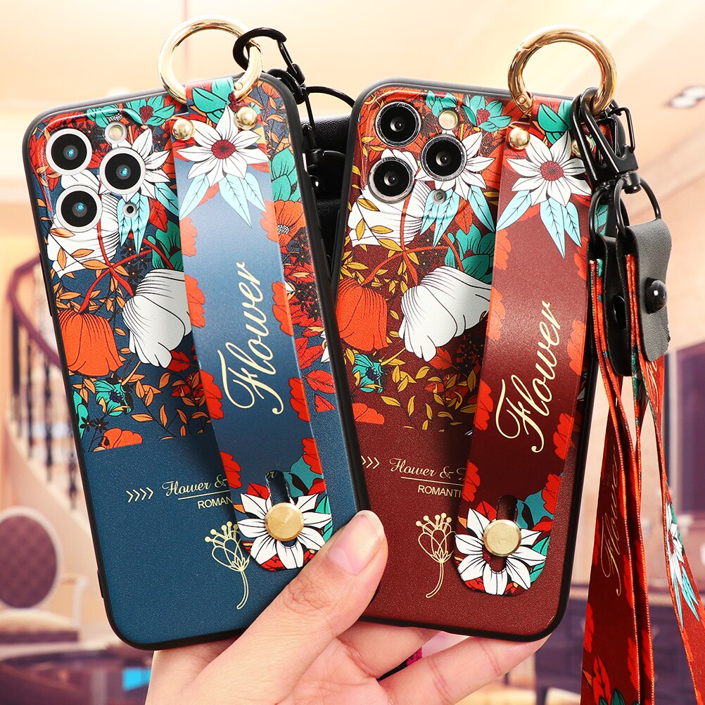 Cartoon TPU Wrist Strap Holder Stand Case For iPhone 11 Pro XS Max XR For iPhone 5 5S SE 2 2020 X 6 6S 7 8 Plus Case Coque Cover