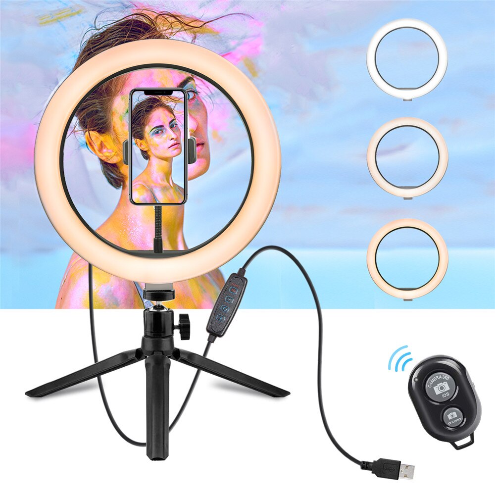 10 Inch LED Ring Light Dimmable Desktop Selfie Light Tripod Stand for Tiktok YouTube Video Living Stream Photography Accessories