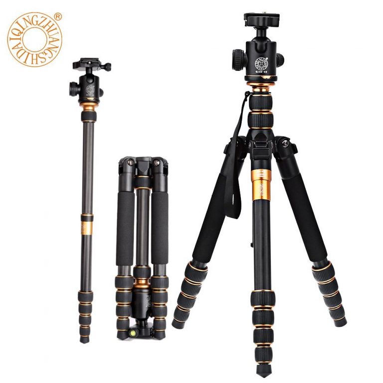 QZSD Q666C Professional Carbon Fiber Tripod Monopod For Travel DSLR Camera Light Compact Portable Stand 15kg Max Load