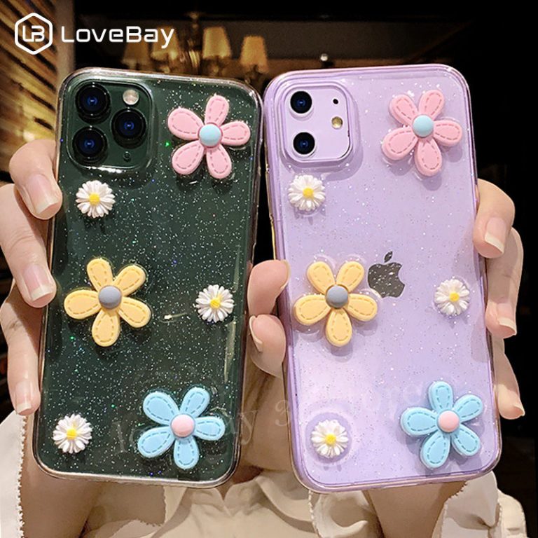 Lovebay 3D Flowers Glitter Phone Case For iPhone 11 Pro SE 2020 7 8 6 6s Plus X XR XS Max Transparent Bling Soft TPU Back Cover 1 3D Flowers Glitter Phone Case For iPhone 11 Pro